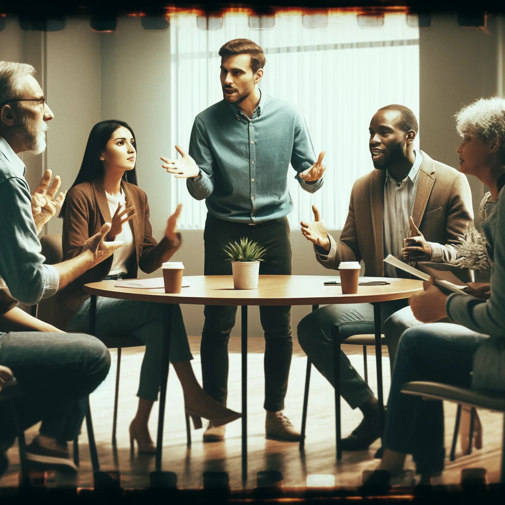 A 35mm film-style image depicting a lively debate among adults in a room. The participants are diverse, including a Caucasian woman, an African man, and an Asian man, all dressed in casual attire. They are engaged in a spirited discussion, gesturing and expressing their points passionately. The setting is a modern conference room with a round table and comfortable chairs, creating an informal yet focused atmosphere. The image is imbued with a grainy texture and slightly faded colors to enhance the classic cinematic feel.