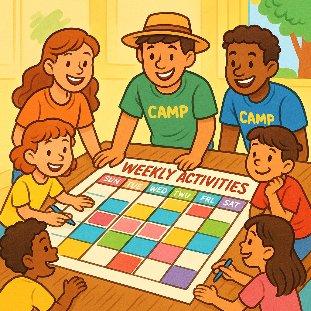 Monitores y niños planificando el plan semanal del campamento con un calendario en mesa